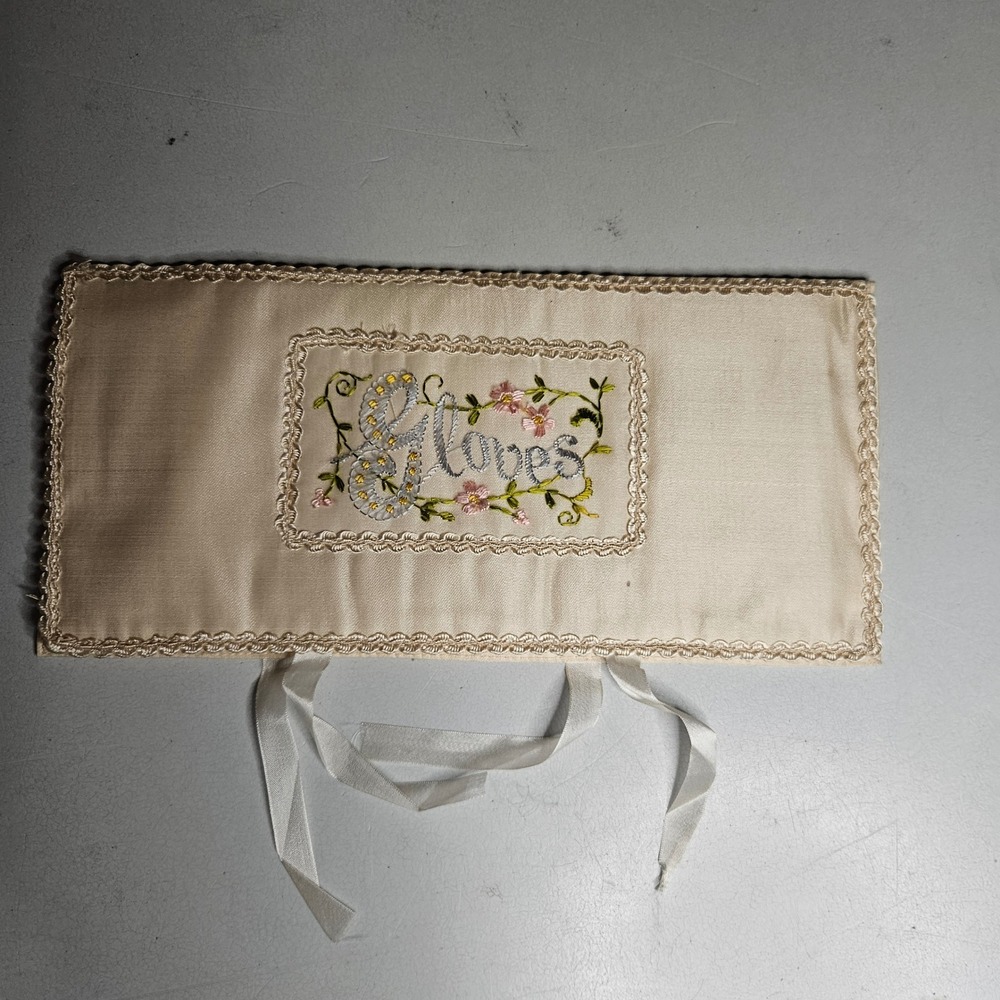 Vintage Satin Hand Embroidered Glove Case Floral Ribbon Tie Cream Organizer